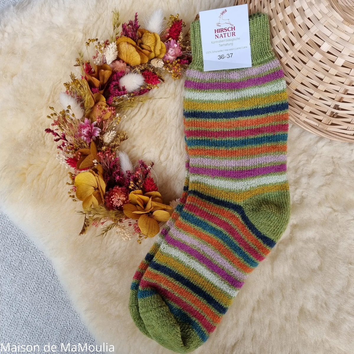 Hirsch Natur – Chaussettes Arc-en-ciel "bouclette" adulte – 100 % laine