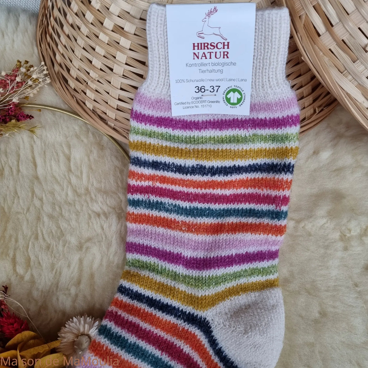 Hirsch Natur – Chaussettes Arc-en-ciel "bouclette" adulte – 100 % laine