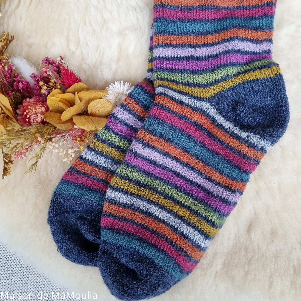 Hirsch Natur – Chaussettes Arc-en-ciel "bouclette" adulte – 100 % laine
