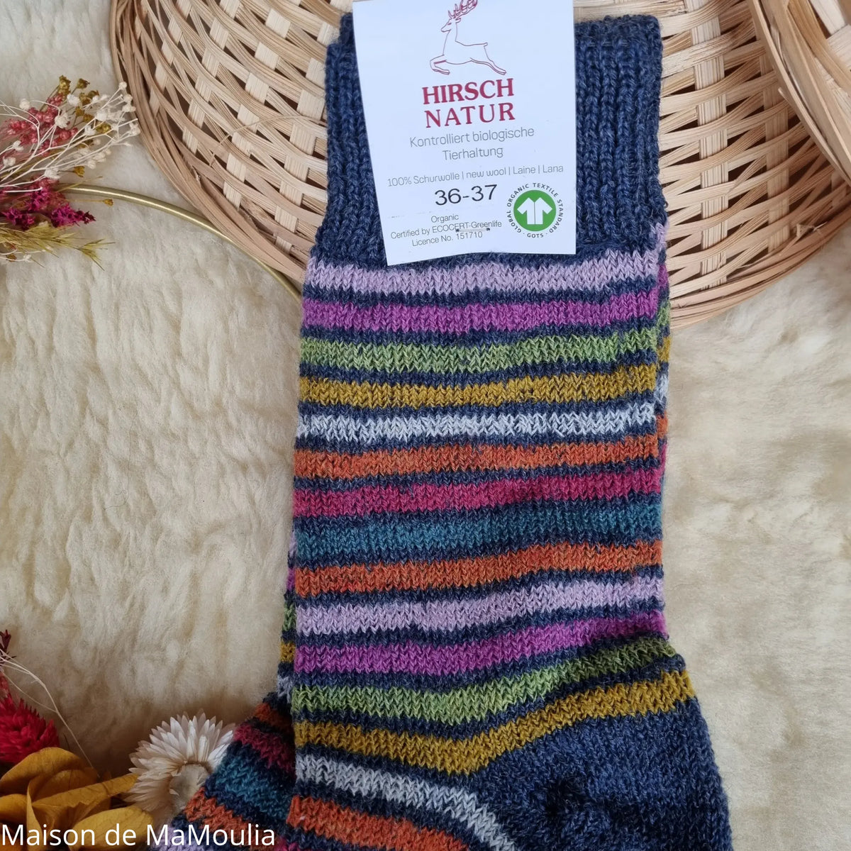 Hirsch Natur – Chaussettes Arc-en-ciel "bouclette" adulte – 100 % laine
