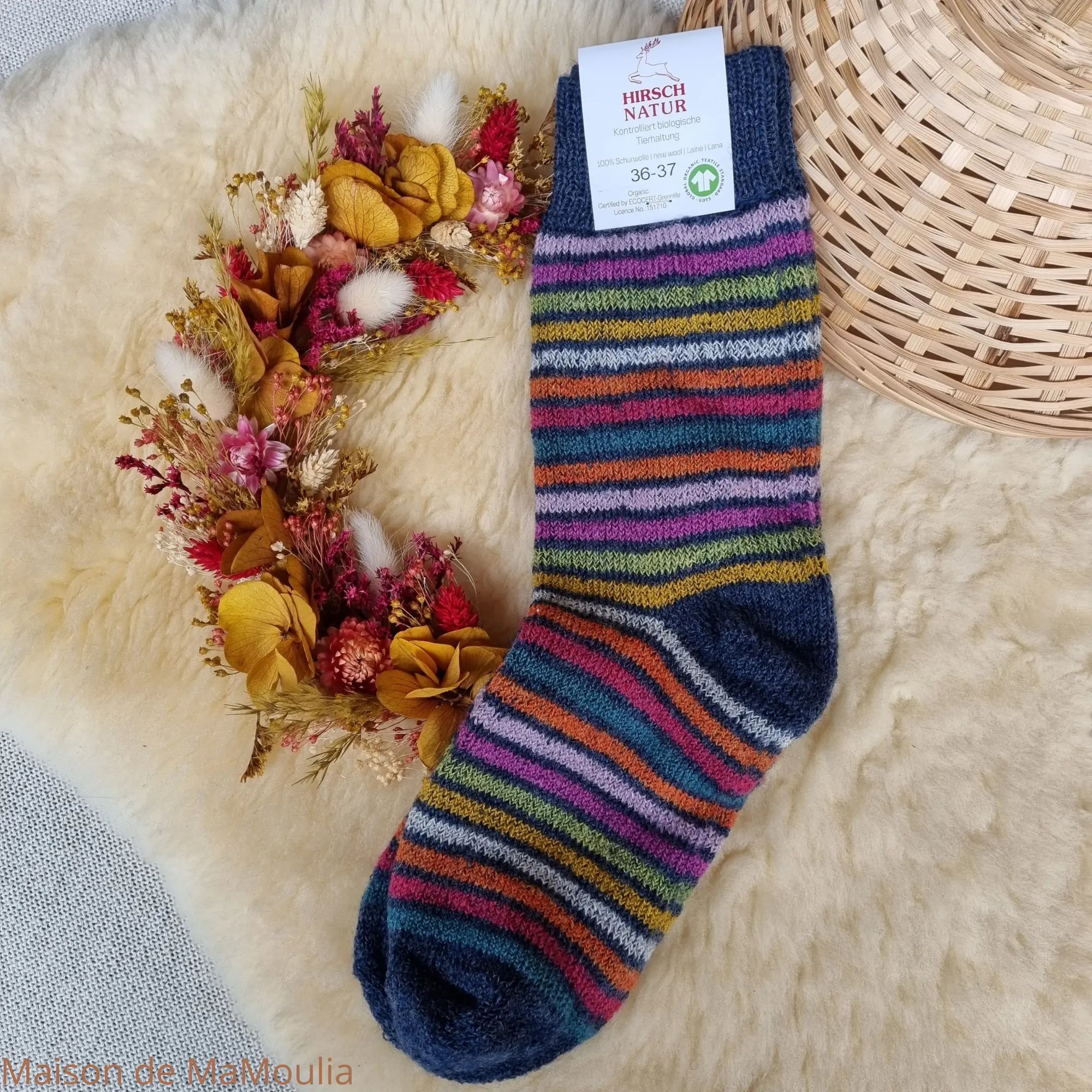 Hirsch Natur – Chaussettes Arc-en-ciel "bouclette" adulte – 100 % laine