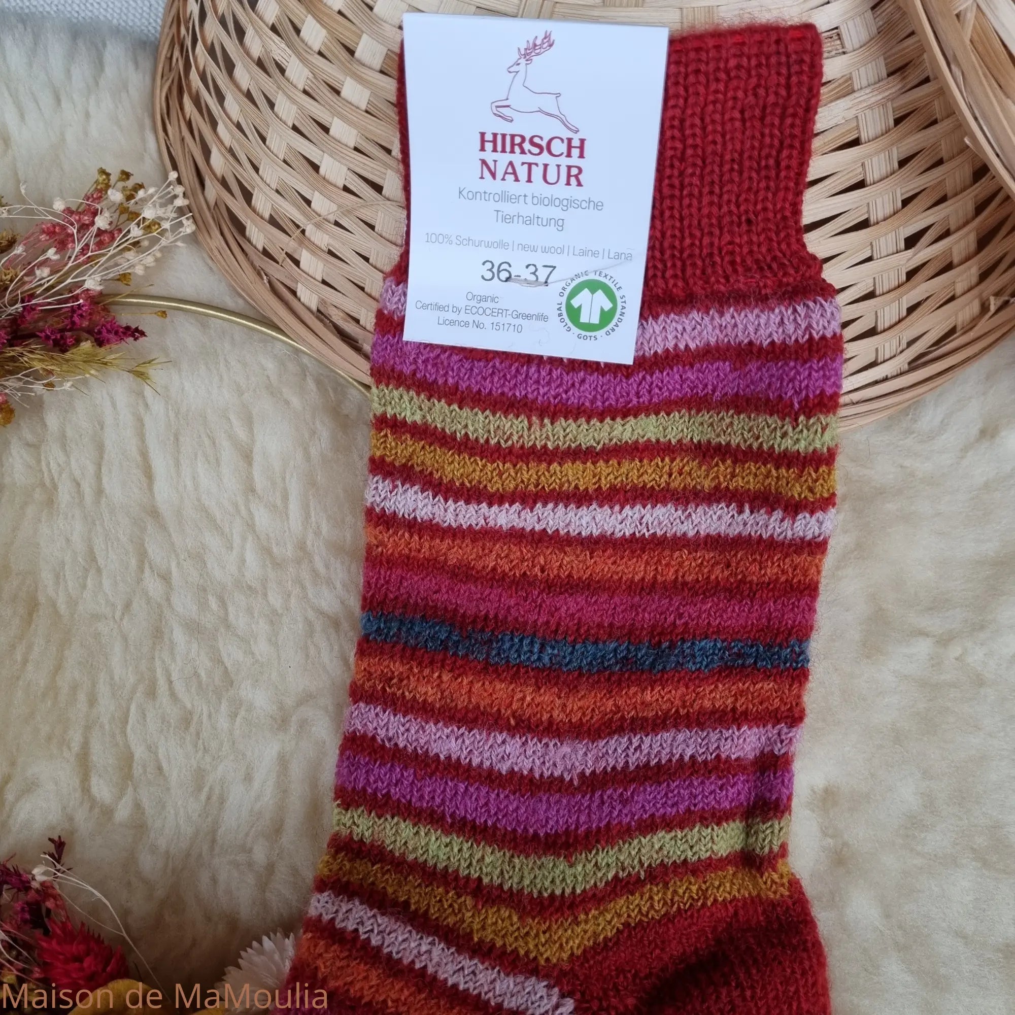 Hirsch Natur – Chaussettes Arc-en-ciel "bouclette" adulte – 100 % laine