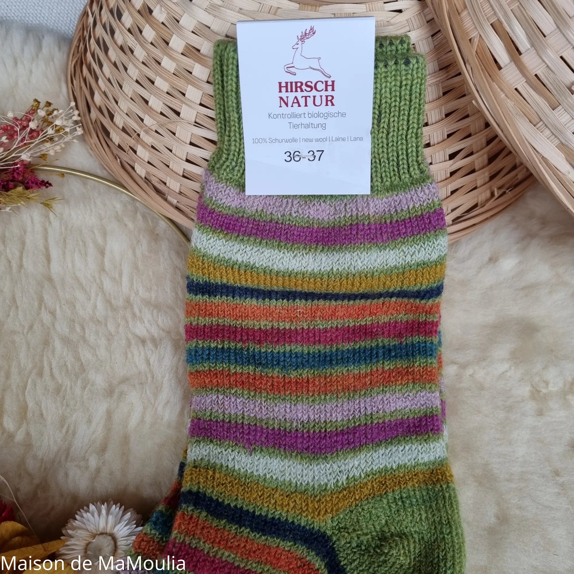 Hirsch Natur – Chaussettes Arc-en-ciel "bouclette" adulte – 100 % laine