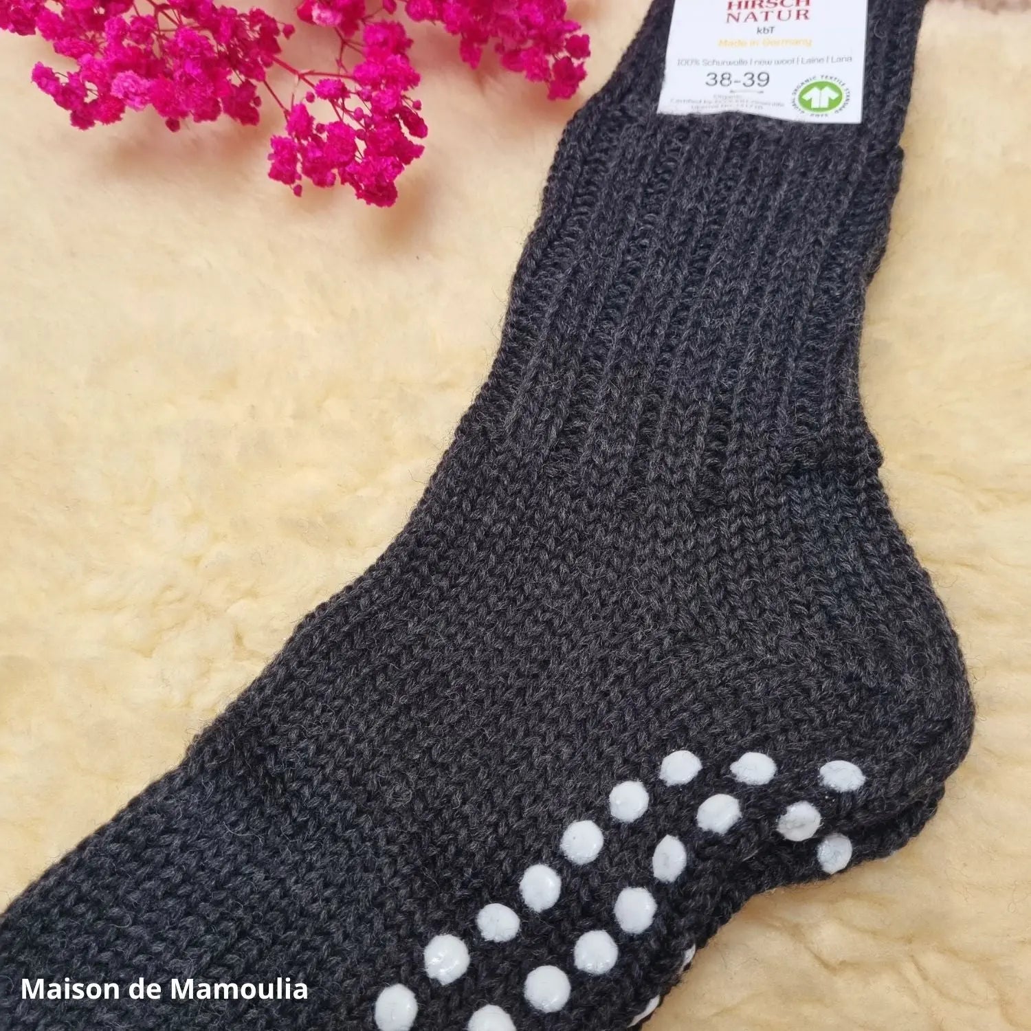 Hirsch Natur - Chaussettes antidérapantes adulte – 100 % laine