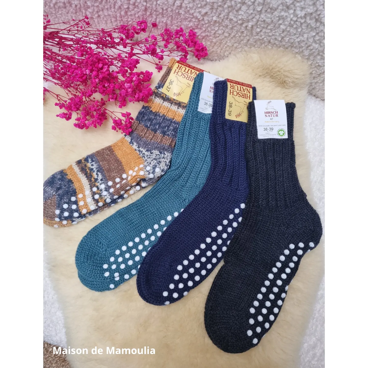 Hirsch Natur - Chaussettes antidérapantes adulte – 100 % laine