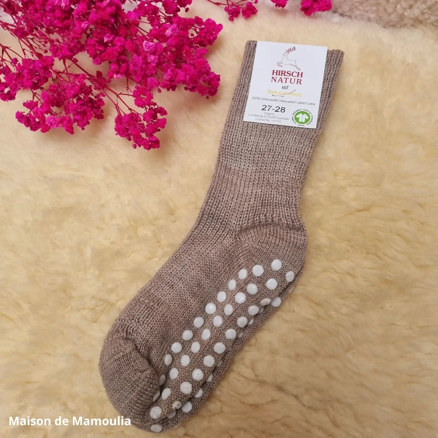 Hirsch Natur - Chaussettes antidérapantes enfant – 100 % laine